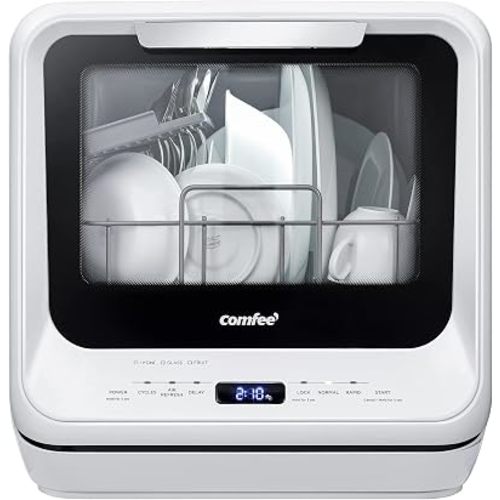 COMFEE' Portable Dishwasher Countertop with 5L Built-in Water Tank, No Hookup Needed, 6 Programs, 360° Dual Spray, 192℉ High-Temp& Air-Dry Function, Mini Dishwasher for RVs, White