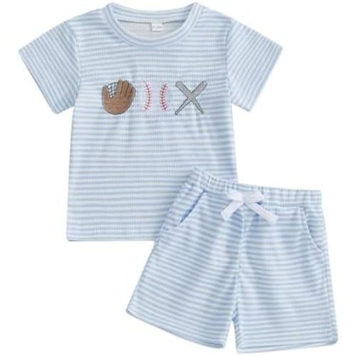 Toddler Baby Boy Baseball Outfit Baseball Embroidery Short Sleeve T-Shirt Waffle Shorts Set 2Pcs Summer Clothes