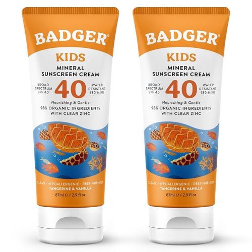 Badger Kids Mineral Sunscreen Combo, SPF 40 Cream + SPF 35 Kids Face Stick, 98% Organic Ingredients with Mineral Zinc Oxide, Water Resistant, Reef Safe Broad Spectrum, Tangerine & Vanilla Scent