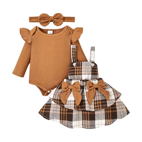 FOCUTEBB Baby Girl Clothes Fall Winter Outfit Long Sleeve Ruffle Romper Plaid Skirt Bow Headband 3 Pcs Set 0-18 Months