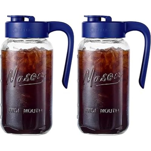 Mason Jar Pitcher - Airtight & Leakproof Glass Pitcher with Lid[set of 2], Perfect for Breastmilk, Cold Brew, and Sun Tea, 2 Quart (64 oz) Mason Jar with Pour Spout Lid
