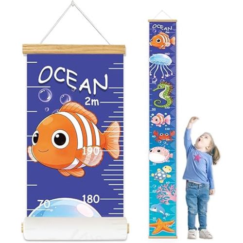 Canvas Baby Kids Growth Chart, Ocean Height Measurement Wall Hanging for Toddler Child Girls Boys, Nursery/Playroom Bedroom Art Decor (Ocean, 78" L x 8" W, Framed)