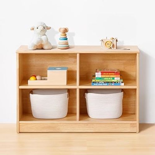 OOOK Rubber Wood 4-Compartment Wooden Storage Cabinet, 35.4" L, 2-Tier Toy Organizers and Storage, Montessori Shelf for Kids Room, Playroom, Nursery, Classroom, Kindergarten