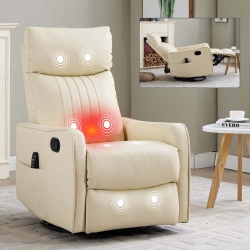 Leumius Manual Swivel Rocker Recliner Chair for Adults,Overstuffed Reclining Glider Chair with Vibration Massage & Heat,Upholstered Recliners with Side Pockets for Living Room,Beige PU