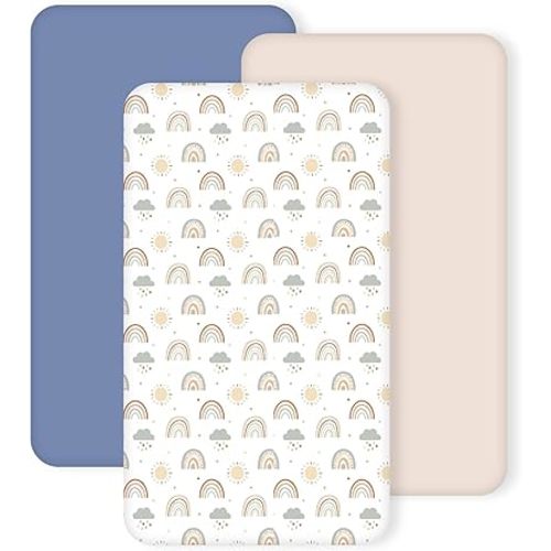 3 Pack Crib Sheets for Boys – Fitted Crib Sheets for Standard Crib Mattress and Toddler Mattress, Ultra Soft Breathable Washable Polyester, 28x52inch, Blue & Rainbow