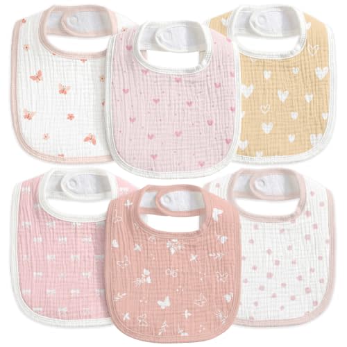 6-Pack Muslin Baby Bibs for Drooling & Teething, Absorbent Bib | Soft Cotton Baby Drool Bib for Baby Boy Girl, Easy Adjustable Bibs for Toddlers, Newborn, Infants 0-36 Months Butterfly & Bow