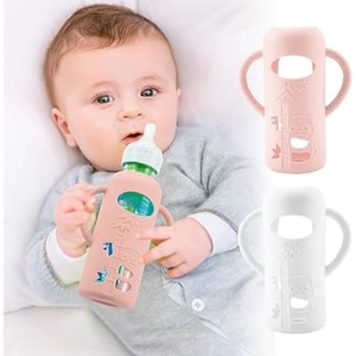2 Pack Silicone Sleeves for Dr. Brown's Glass Baby Bottles, Anti Breakage Durable Baby Bottle Holder with Easy Grip Handles, Narrow Sleeve with a Cutout, Dishwasher/Freezer/Microwave Safe, 8 oz