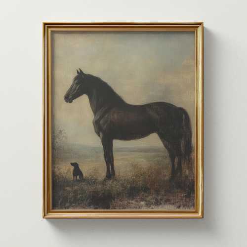 Vintage Horse and Dog Print: Rustic Equestrian Farmhouse Art