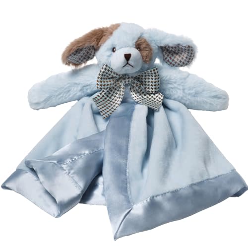 Bearington Baby Waggles Blue Puppy Snuggler - 15" Puppy Lovey Security Blanket with Silk Satin Trim and Plush Dog Design - Soft for Boys, Girls, Infants, and Newborns