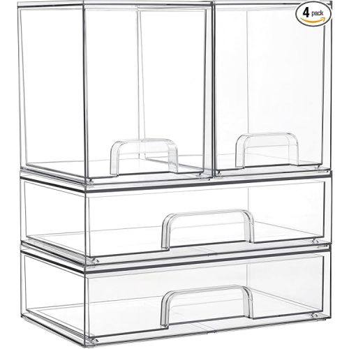 Vtopmart Clear Stackable Storage Drawers Set of 4, Plastic Organizer Bins for Makeup, Cosmetics, Beauty Supplies,Ideal for Vanity, Bathroom,Cabinet,Pantry Organization