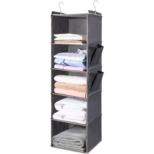 BOOMIBOO Hanging Closet Organize and Shelves，5-Hanging Shelf with 2 Side Pockets，Storage Foldable （Grey）