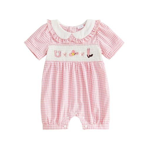 Baby Girl Smocked Western Romper Newborn Coming Home Outfit Summer Clothes Babydoll Collar Short Sleeve Bow Jumpsuit