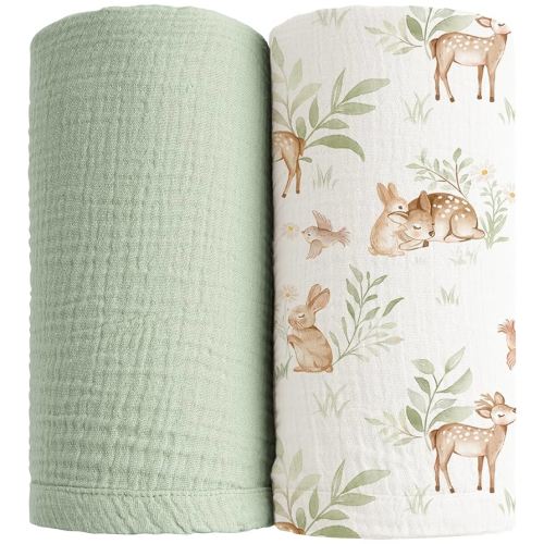 Konssy 2 Pack Muslin Swaddle Blankets, 100% Cotton Receiving Blanket Large 47 x 47 inches for Baby Boys Girls, Soft Breathable Muslin Baby Blanket for Newborn (Woodland,Sage)
