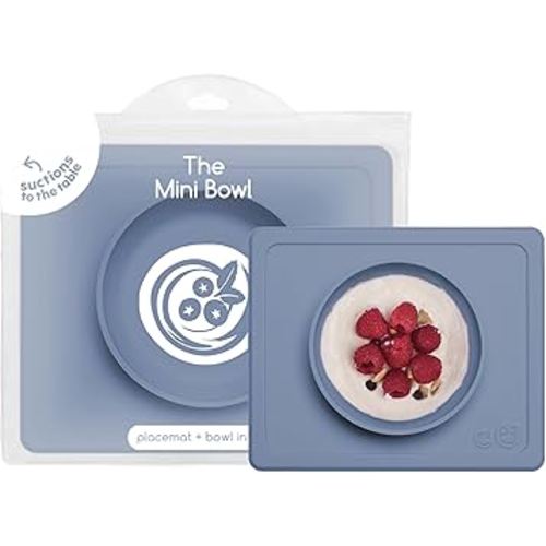 ezpz Mini Bowl (Indigo) - 12 Months+ - 100% Silicone Suction Placemat + Bowl for Toddlers - Comes with a Reusable Travel Bag
