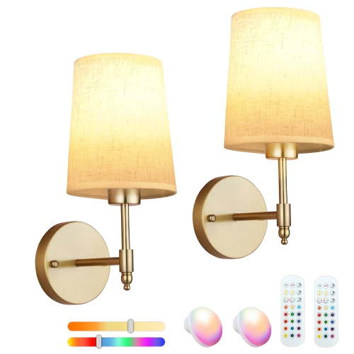 Battery Operated Wall Sconces Set of Two,Rechargeable Battery Operated Wall Lights with Remote, Fabric 13 RGB Dimmable Gold Wall Lamp for Bedroom Living Room, Easy to Install