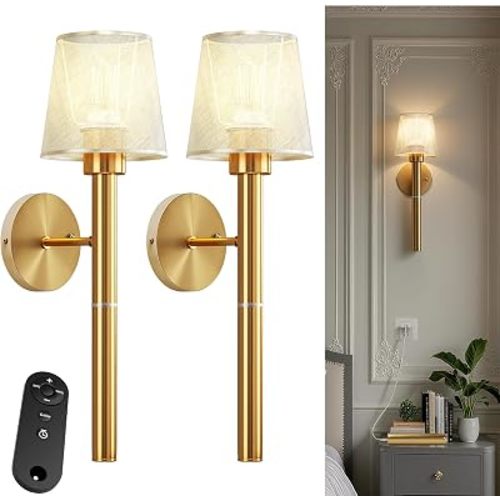 Battery Operated Wall Sconces Set of 2, 5200mAh Gold Rechargeable Wall Lights with 3 Color, Remote Control & Timer Function for Bedroom Living Room Hallway Decor