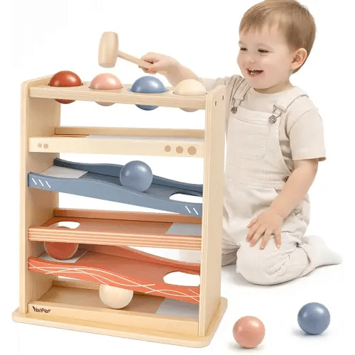 Vanplay Ball Drop Toys for One Year Old Boy Girls Birthday Gifts, Montessori Toys for 1 2 Year Old, Wooden Hammer Rolling Ball Toys for Toddlers 1-3, Cause and Effect Toys for Baby 12M+ First Gifts