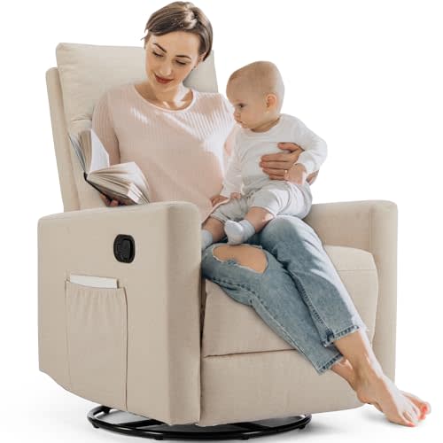 Sweetcrispy Swivel Recliner Chair, Rocking Chair Nursery, Glider Rocker Recliner for Nursery, Glider Nursery Chair for Living Room with Extra Large Footrest, High Back, Upholstered Deep Seat (Beige)
