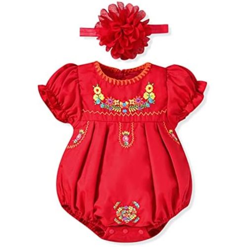 HINTINA Newborn Baby Girl Mexican Ethnic Embroidery Floral Bodysuit With Headband
