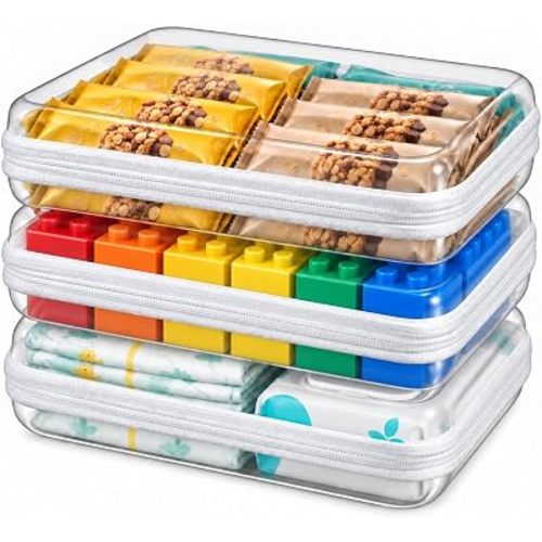 3 Pack Medium White Clear Hard Shell Zipper Case, Clear Storage Organizer Bins with Zipper, Water-Resistant Travel Toiletry Bag for Makeup, Cables, Snacks, Crafts, Office Supplies