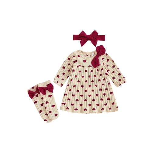 BemeyourBBs Newborn Baby Girls Valentines Day Outfit Valentine Heart Dress Cute Long Sleeve Dress with Stockings Headband Infant Spring Clothes