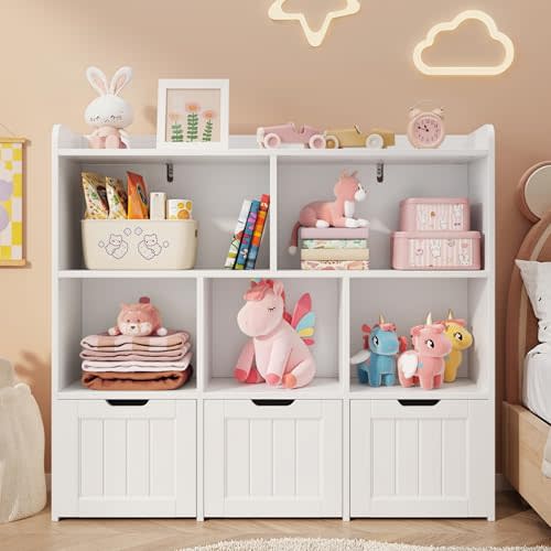 Gizoon Toy Storage Cabinet and Kids Bookcase with 3 Movable Drawers and 6 Open Shelves Featuring Fall Prevention Barrier for Playroom Nursery Kids Room Organization, White