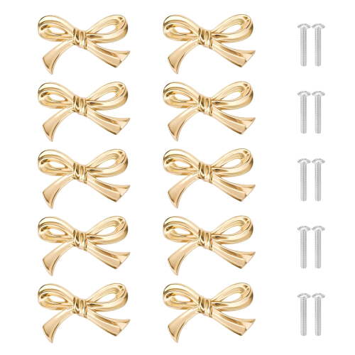 10 Pack Gold Bow Cabinet Pulls, Zinc Alloy Decorative Drawer Handles, Light Luxury Bow Shape Knobs for Wardrobe, Dresser, Cabinet, Bookcase, 2.76" x 1.97" x 0.91"