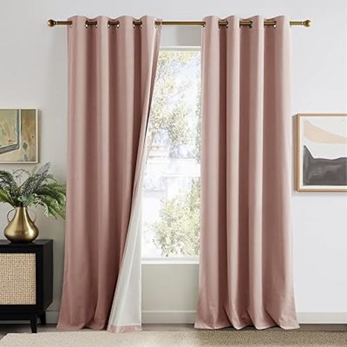 NICETOWN 100% Blackout Dusty Pink Velvet Curtains 90 inch Long for Girls, 52 x 90 Thermal Insulated Soundproof Room Darkening Window Treatment for Bedroom & Living Room Elegant Drapes Grommet 2 Panels