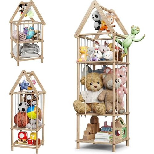Kid Stuffed Animal Storage Corner, 3 Heights Adjustable (36", 45.5", 55.5") Wooden Zoo Stuffed Animal Organizer with Bottom Shelf, Durable Elastic Plushies Storage Cord - Teddy Bear Holder