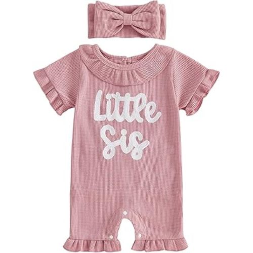 Newborn Baby Girl Summer Outfit Romper Hi I'm New Here Embroidery Ruffle Jumpsuit Infant Waffle Knit Clothes