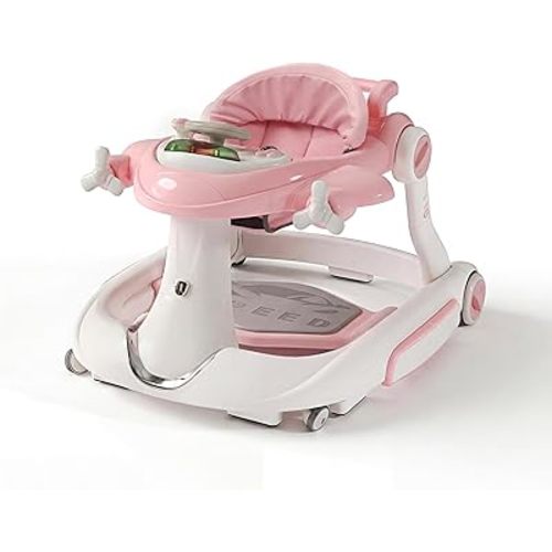 7 in 1 Foldable Baby Walker, Infant Activity Walker w/Adjustable Height, Detachable Play Tray with Music & Light, Baby Push Walker with Wheels for Boys Girls 7-18 Months, Speed Control, Pink