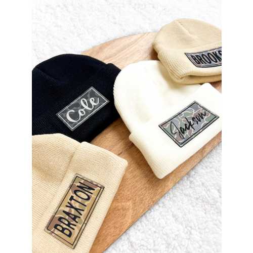 Camo Leather Patch Hat | Leather Patch Hat | Name Camo Baby Hat | Newborn Beanie | Winter Hat for Kids | Name Hat |Baby Shower Gift|Baby Hat