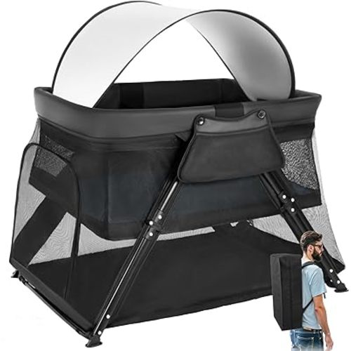 Lilian&Gema 2-in-1 Travel Crib, Portable Crib with Backpack, Lightweight Baby Travel Playpen, Foldable Play Yard with Thick Mattress for Babies & Toddlers, Baby Travel Essential