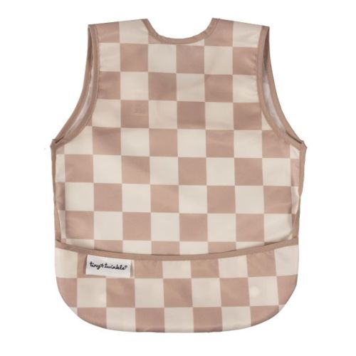Tiny Twinkle Mess-Proof and Waterproof Baby Bib/Apron, Machine Washable and BPA-Free (Beige Checkers, Small 6-24 Months)