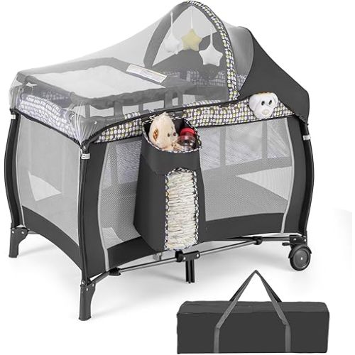 HONEY JOY Pack and Play, 4-in-1 Foldable Nursery Center with Full-Size Infant Bassinet & Diaper Changer, Portable Toddler Crib w/Mattress & Net, Music Box, Toys, Baby Playard w/Carry Bag, Gray