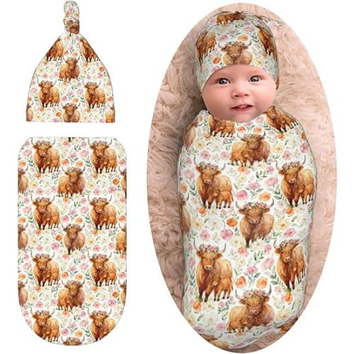 Highland Cow Baby Stuff Swaddle Blanket with Hat, Soft Western Highland Cow Newborn Swaddling Sack Gift for Boys and Girls Shower