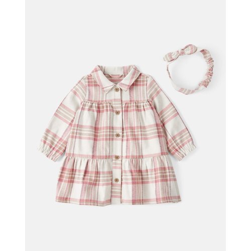Baby Girl 2-Piece Plaid Cotton Long-Sleeve Dress Set - Pink/White | Carter's