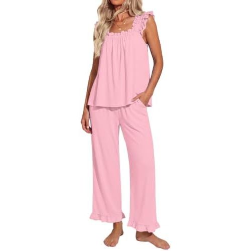 Ekouaer Pajamas for Women Set 2 Piece Ruffle Sleeveless Pj Bridal Sleepwear
