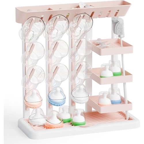 Yieach Larger Baby Bottles Drying Rack for 20 Bottles,Space Saving Feeding Drying Rack for Baby Bottles for Countertop,Vertical Baby Bottle Holder & Storage Station for Pacifiers,Breast Pump,Pink