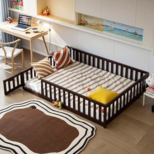 Full Montessori Floor Bed with Roof & Slats for Girls & Boys,Twin Size Floor Bed w/Safety Guardrails for Girls,Boys/Espresso