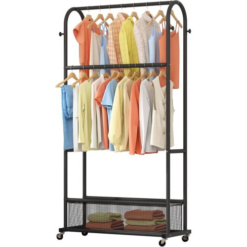 MOYIPIN Double Rods Clothing Rack with Wheels,Clothing Organizer for Hanging Clothes Coat Scarves Bags,Multi-functional Bedroom Garment Rack,4 Hooks,Black