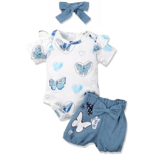Newborn Baby Girl Clothes Butterfly Short Sleeve Romper Floral Bow Shorts Set Infant Summer Outfits with Headband