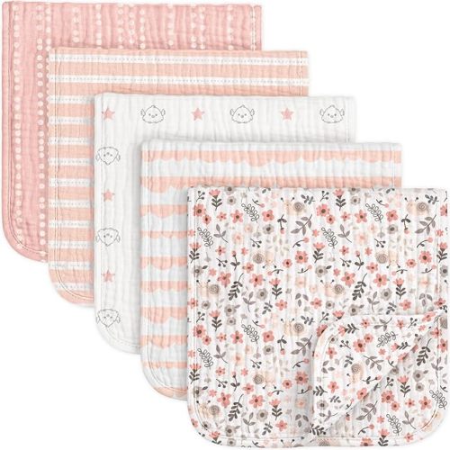 KeaBabies Organic Muslin Burp Cloths Baby Boy, Girl, 5-Pack (Sweet Charm)
