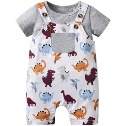Infant Baby Boy Summer Clothes Short Sleeve Solid Color T-Shirt Cartoon Dinosaur Print Suspender Shorts Outfit Set