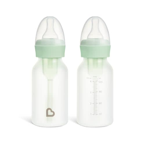 Munchkin Bond Silicone Coated Glass Baby Bottles - Anti-Colic Feeding System with Natural Feel Nipples, 4 Ounce, 2 Pack, Mint/Green