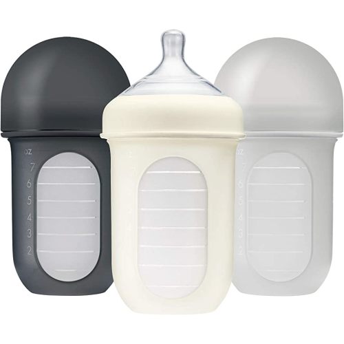 Boon Nursh Reusable Silicone Pouch Baby Bottles - Medium Flow Nipple - Silicone Baby Bottle Pouch and Nipple - Baby Feeding Essentials - Gray - 3-6 Months - 3 Count - 8 Ounce