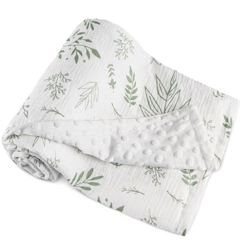 GLLQUEN BABY Blankets for Unisex Boys Girls, Muslin Cotton Front Soft and Breathable, and Dotted Fleece Backing, Printed Bed Nursery Minky Blankets for Toddler Newborn, Greenery, 30 x 40 inches