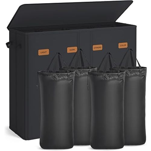 SONGMICS 55.4 Gallon (210 L) Laundry Hamper, 4-Compartment Laundry Basket Sorter with Lid, Labels, Removable Liner Bags, for Bedroom, Ink Black URLH014B01