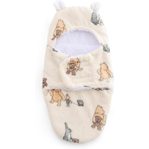 Berkshire Sherpa & Loftmink Baby Swaddle - Hooded Pooh Sleep Sack with Fuzzy Bear Ear Details - Classic Pooh Prints for Newborns Infants 0-3 Months(Pooh and Friends Teddies and Toys, 13’’×23.5’’)