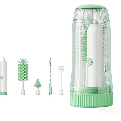 Portable Electric Silicone Bottle Brush Set, 7-in-1 UV Light USB Charging, Nipple/Straw Cleaner, Milk Mixer, Built-in Drying Rack & Storage Case, BPA-Free, IPX7, On-the-Go for New Parents (Mint)